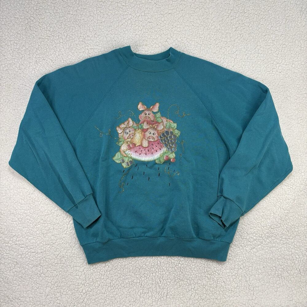 Vintage 3 Little Pigs Fruit Sweatshirt Womens L Crewneck Grandma Sweater 90s USA